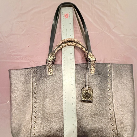 Rafe Silver/Black Metallic Leather Large Tote Bag w/ Snakeskin & Studs $498 - Picture 9 of 15